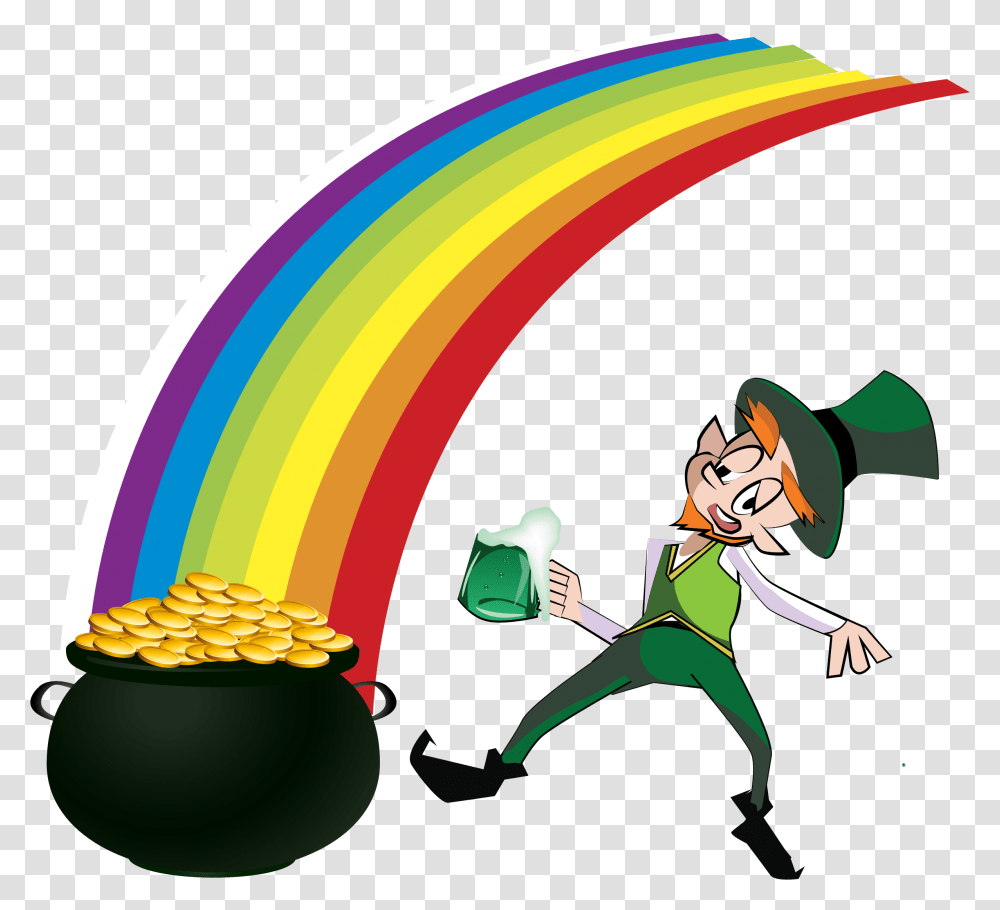 Clip Art Leprechaun Rainbow With Pot Of Gold Clipart, Person, Graphics, Outdoors, Elf Transparent Png