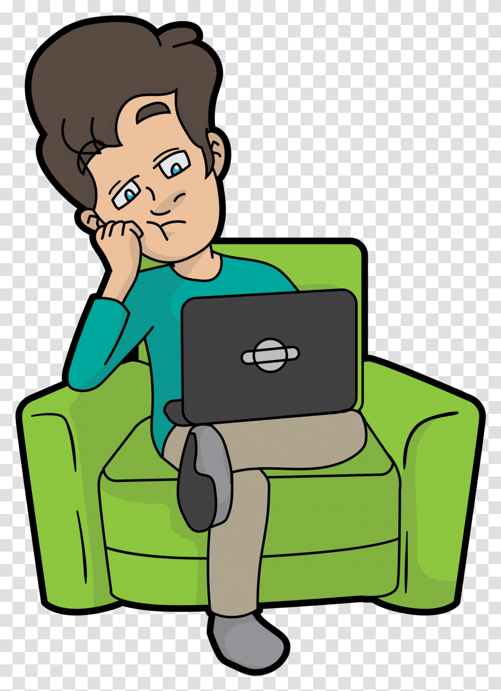 Clip Art Man At Computer Cartoon Cartoon On Computer, Chair, Furniture, Armchair, Couch Transparent Png