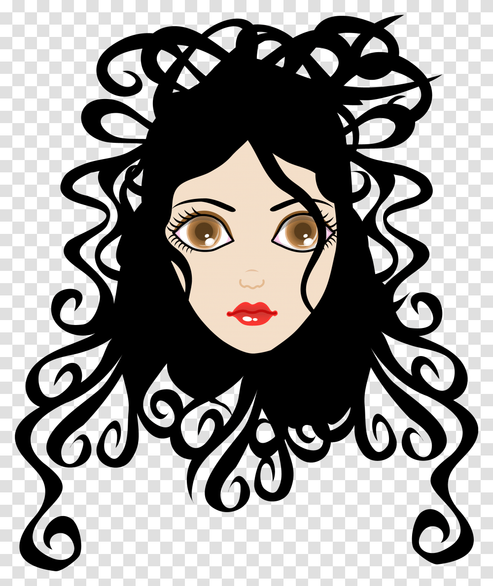 Clip Art Of Fashionable Curly Haired Girl Free Image Black And White Curly Hqir, Face, Cat, Pet, Mammal Transparent Png