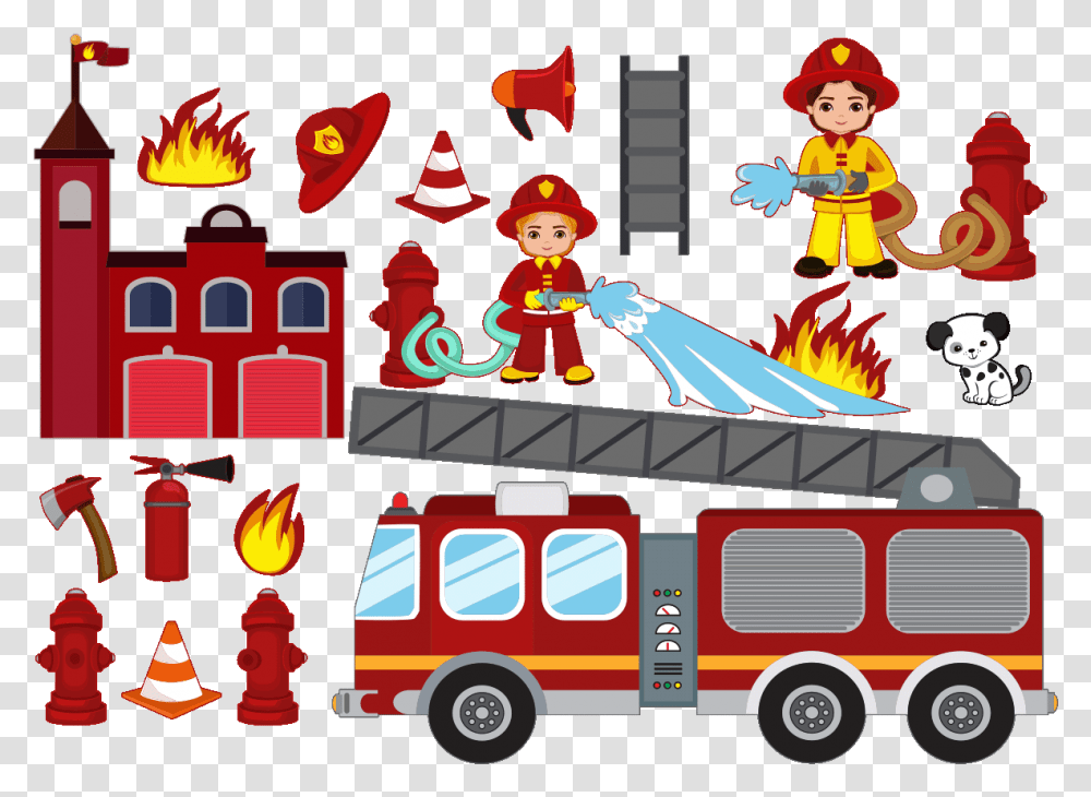 Clipart Firetruck With Hose And Ax, Fire Truck, Vehicle, Transportation, Fire Department Transparent Png