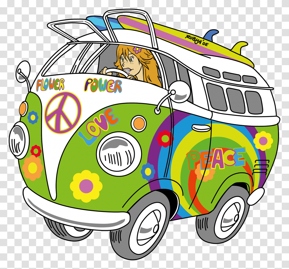 Clipart Vw Bus Hippie, Van, Vehicle, Transportation, Caravan Transparent Png
