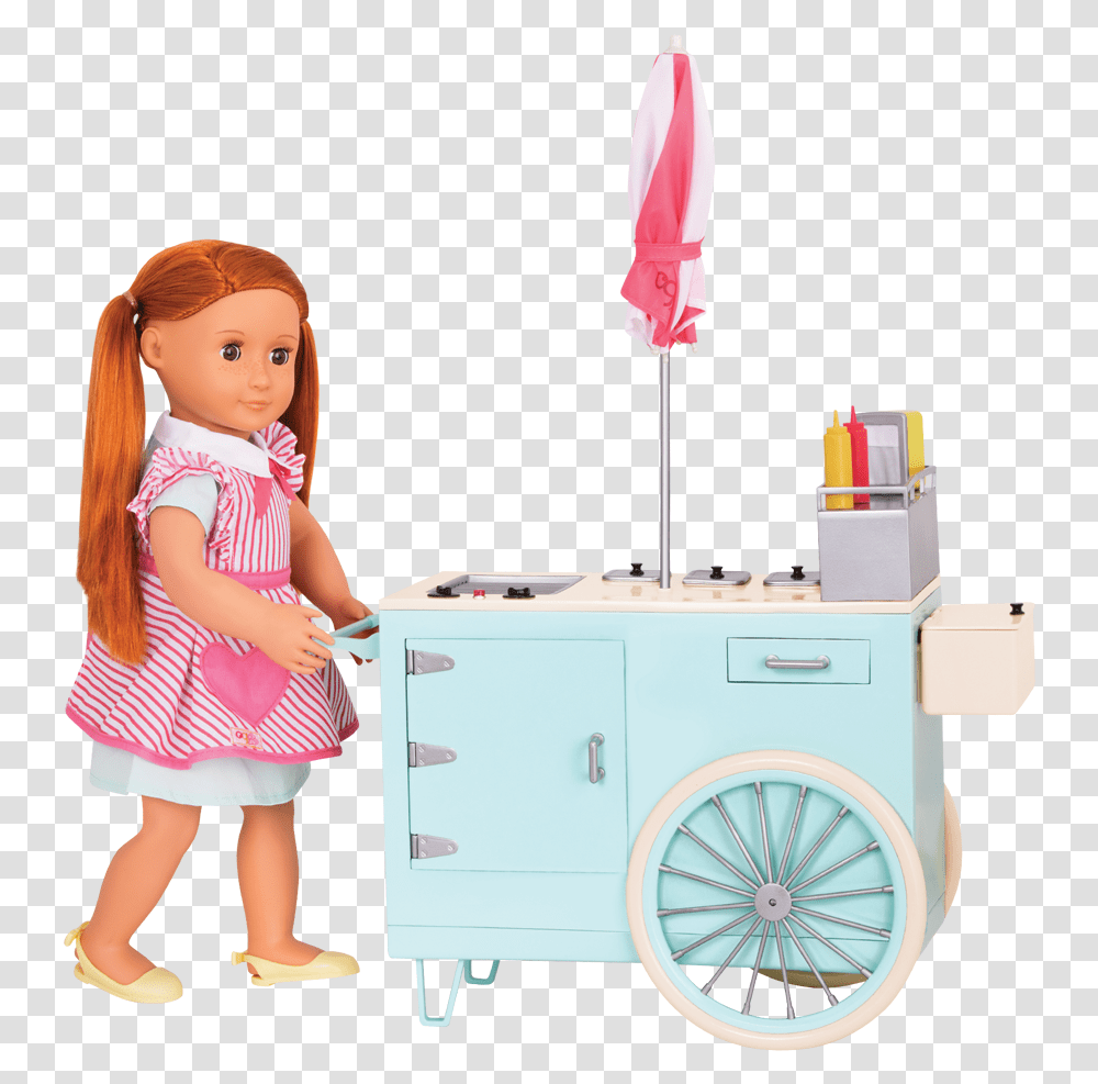 Close Up View Of Hit Dogs And Grill Our Generation Food Cart, Doll, Toy, Person, Human Transparent Png