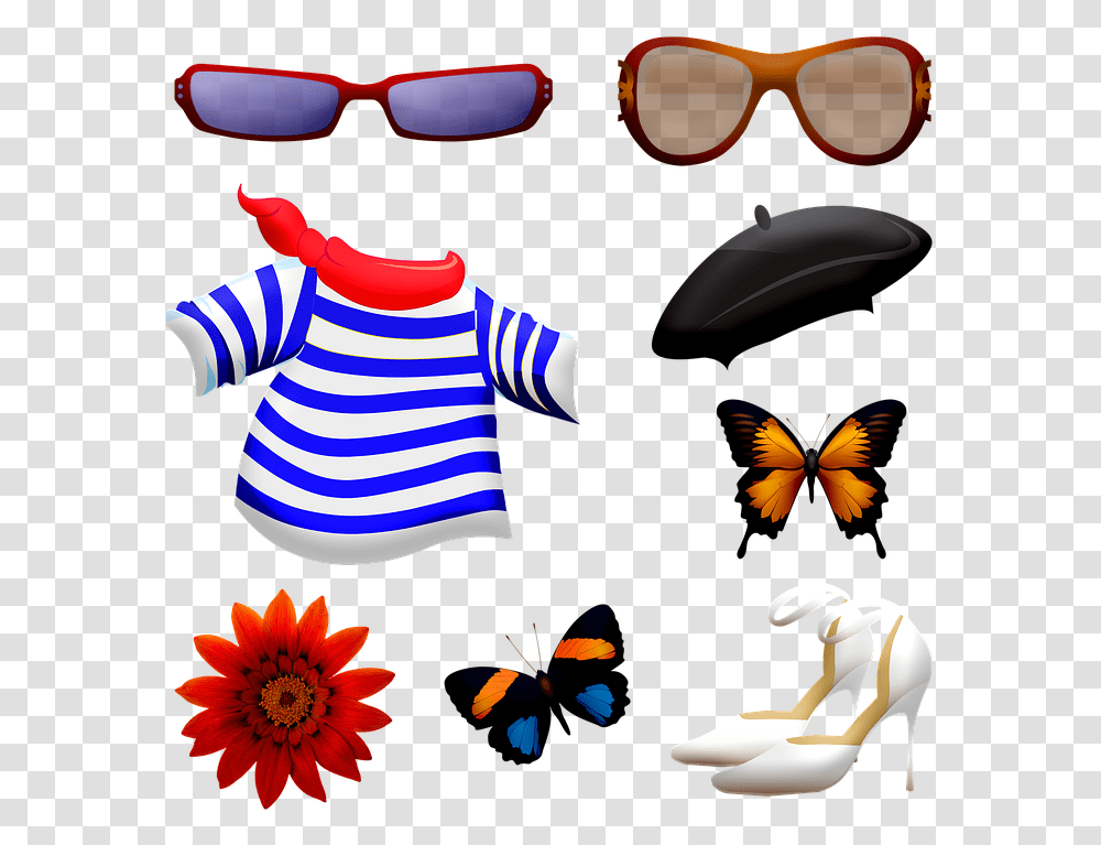 Clothing Accessories Beret Sunglasses Shoes Butterfly, Accessory, Person, Human, Goggles Transparent Png
