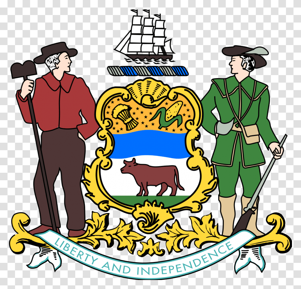 Coat Of Arms Of Delaware, Person, Animal, Label, Mammal Transparent Png