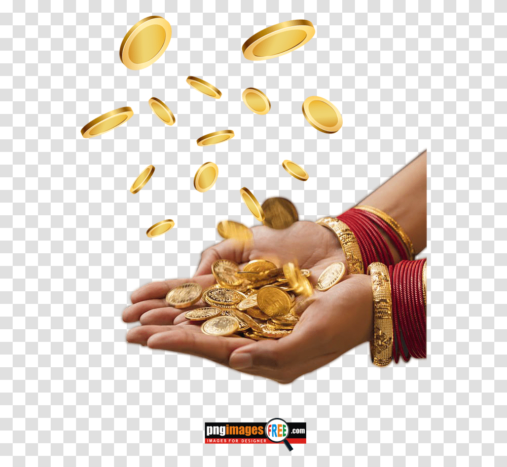 Coin Gold Falling In Indian Women Hand Indian Coin, Person, Human, Accessories, Accessory Transparent Png
