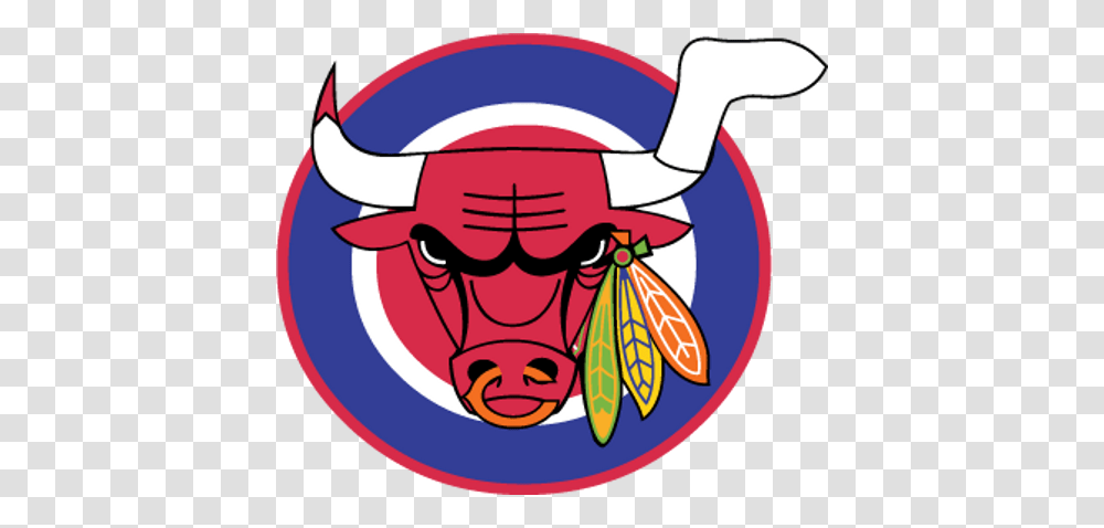 Combination Of Bulls Blackhawks Sox Bears And Cubs Logo, Label, Animal, Buffalo Transparent Png