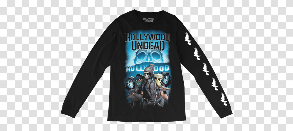 Comic Crew Long Sleeve Hollywood Undead Long Sleeve Shirt, Apparel, Helmet, Person Transparent Png