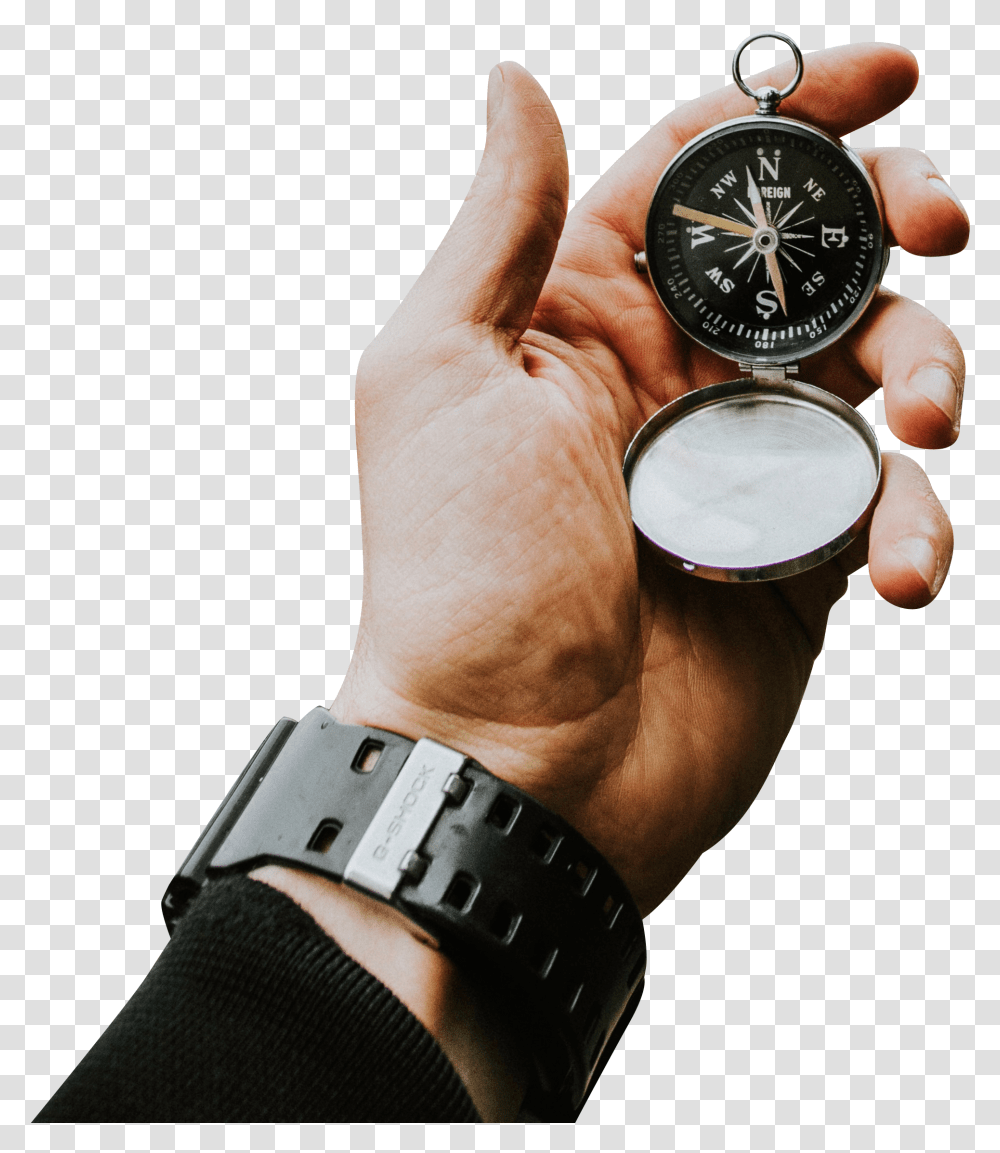 Compass In Hand Background Watch In Hand, Wristwatch, Person, Human, Finger Transparent Png