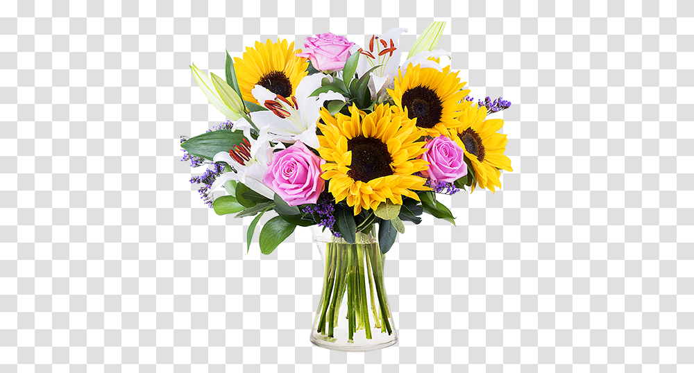 Confetti Sunflowers And Lilies Sunflower Bouquet With Roses, Plant, Floral Design, Pattern, Graphics Transparent Png