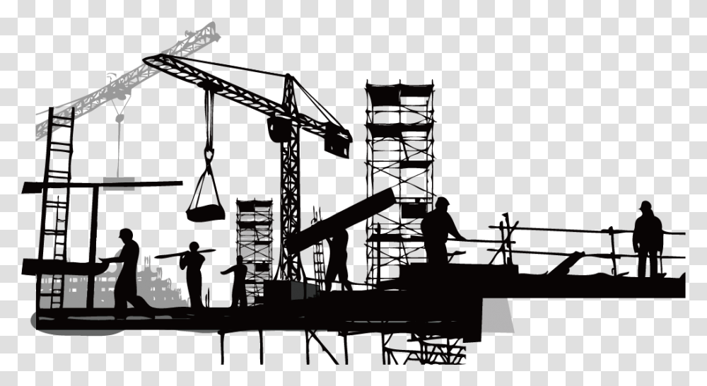 Construction Worker Silhouette Construction Black And White Clipart, Person, Human, Construction Crane, Scaffolding Transparent Png