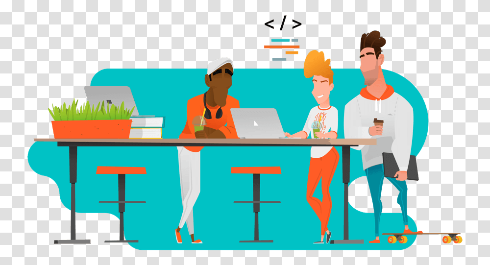 Conversation Clipart Office Office Work Space Cartoon, Person, Furniture, Table, Standing Transparent Png