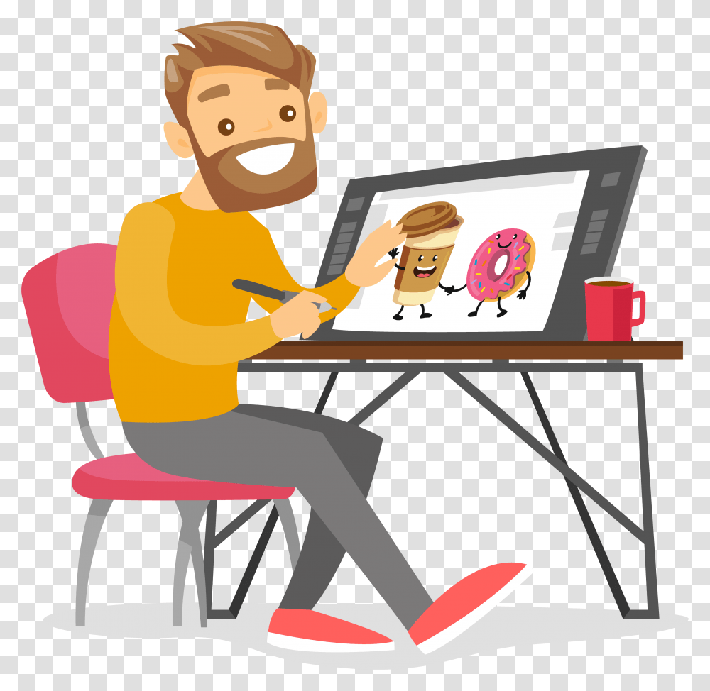 Copyfast Graphic Design Graphic Designer Cartoon, Person, Furniture, Table, Sitting Transparent Png