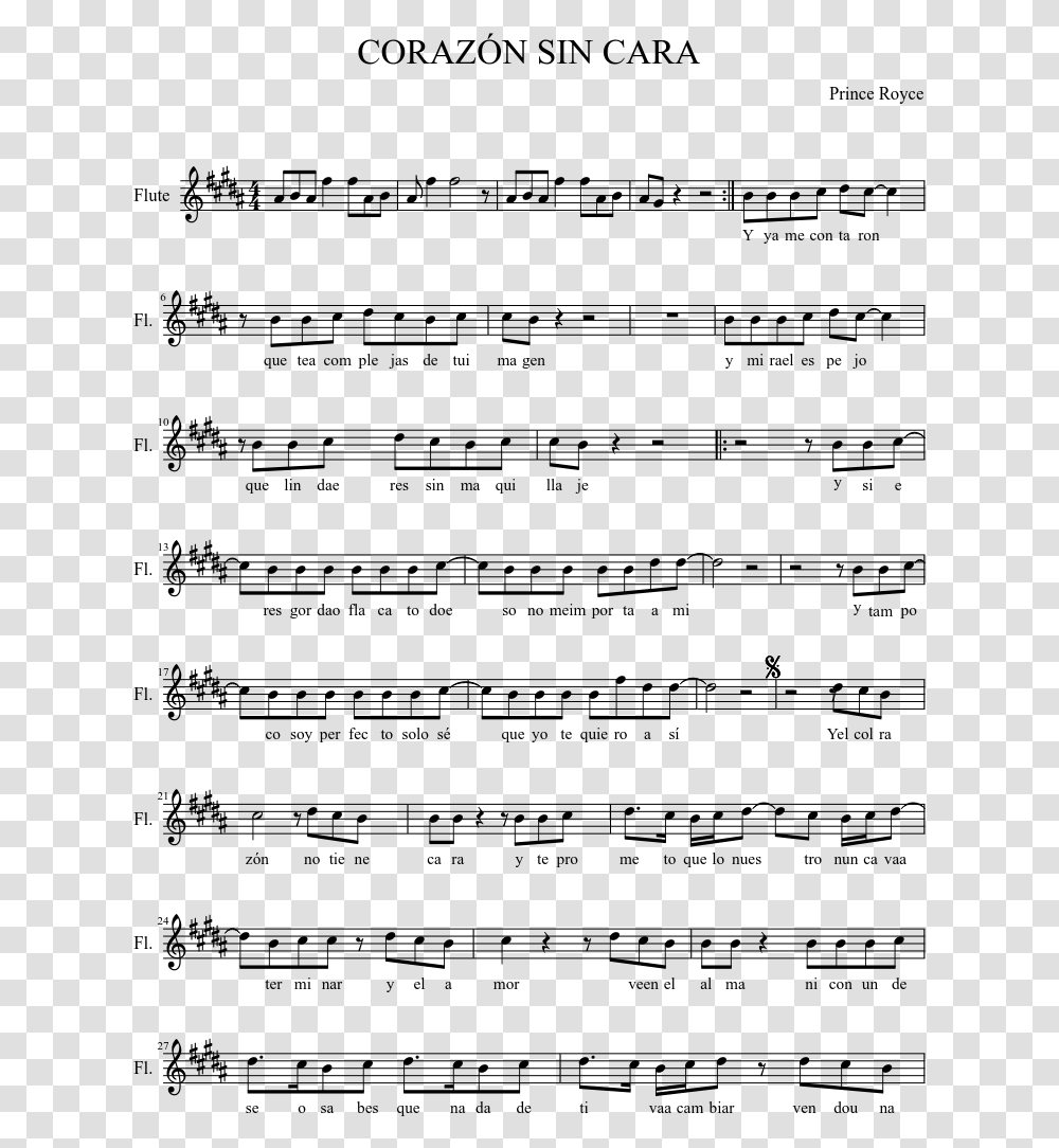 Corazn Sin Cara Sheet Music Composed By Prince Royce Time To Say Goodbye Noten Trompete, Gray, World Of Warcraft Transparent Png