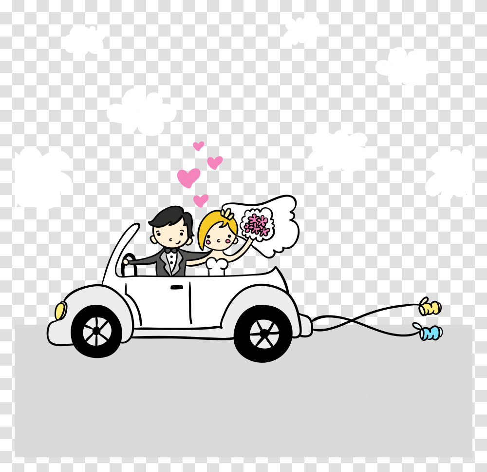 Couple Vector Marriage Cartoon Illustration Free Clipart Car Wedding Cartoon, Vehicle, Transportation, Doodle, Drawing Transparent Png