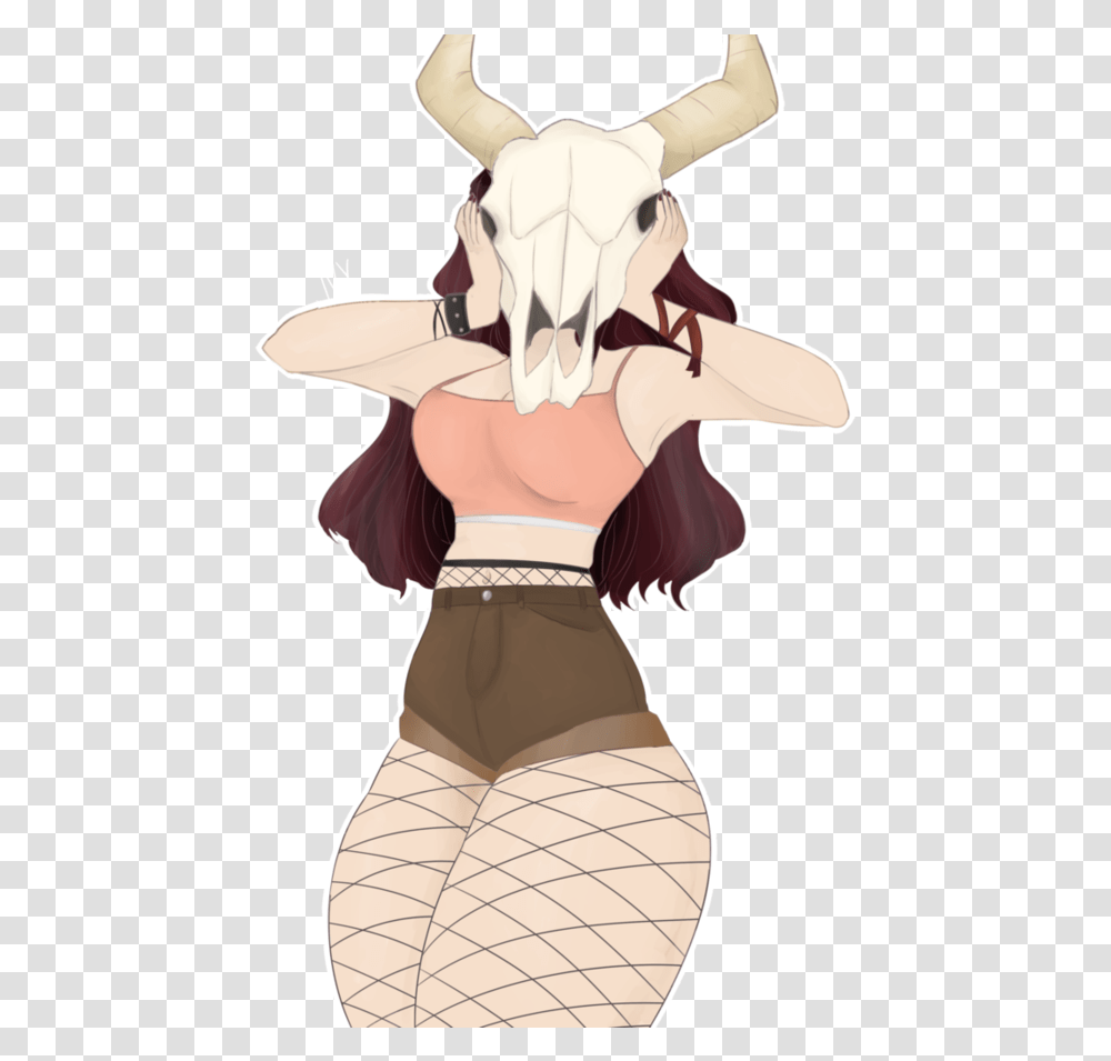 Cow Skull Thicc Anime Girl, Person, Plant, Book Transparent Png