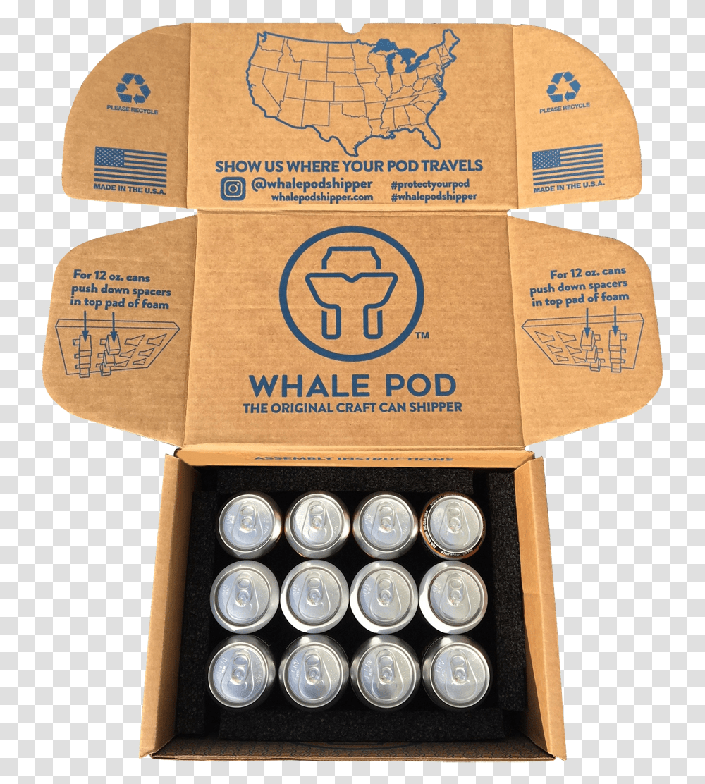 Craft Beer Shipping Box Pint Cans Whalepod Shipper, Label, Cardboard, Coin Transparent Png