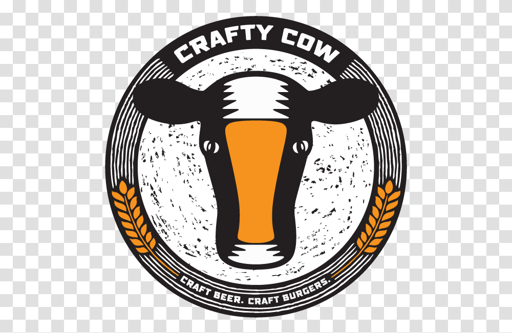 Crafty Cow Burger Logo Cow, Glass, Label, Text, Beverage Transparent Png