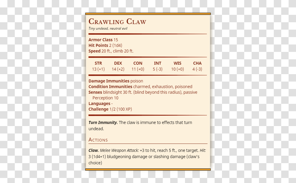 Crawling Claw Wizard Stat Block, Label, Page, Menu Transparent Png