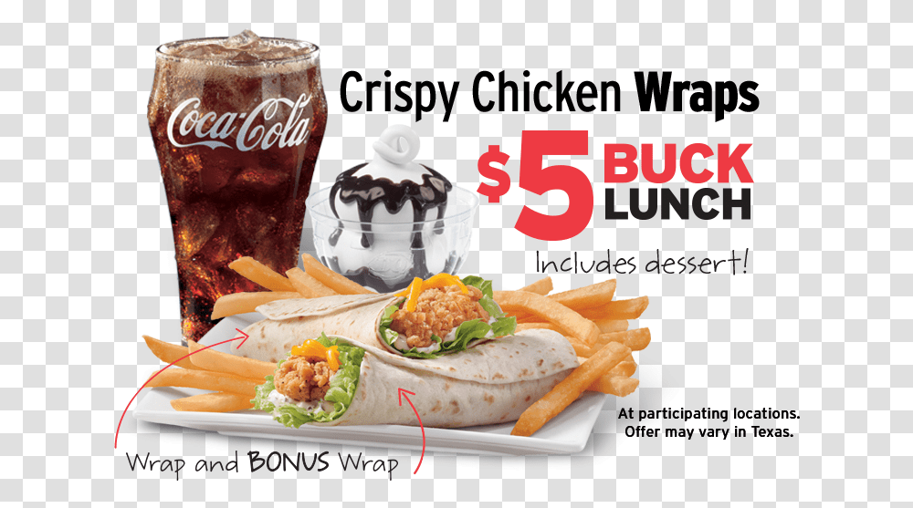 Crispy Chicken Wraps 5 Buck Lunch Coca Cola, Fries, Food, Beverage, Drink Transparent Png