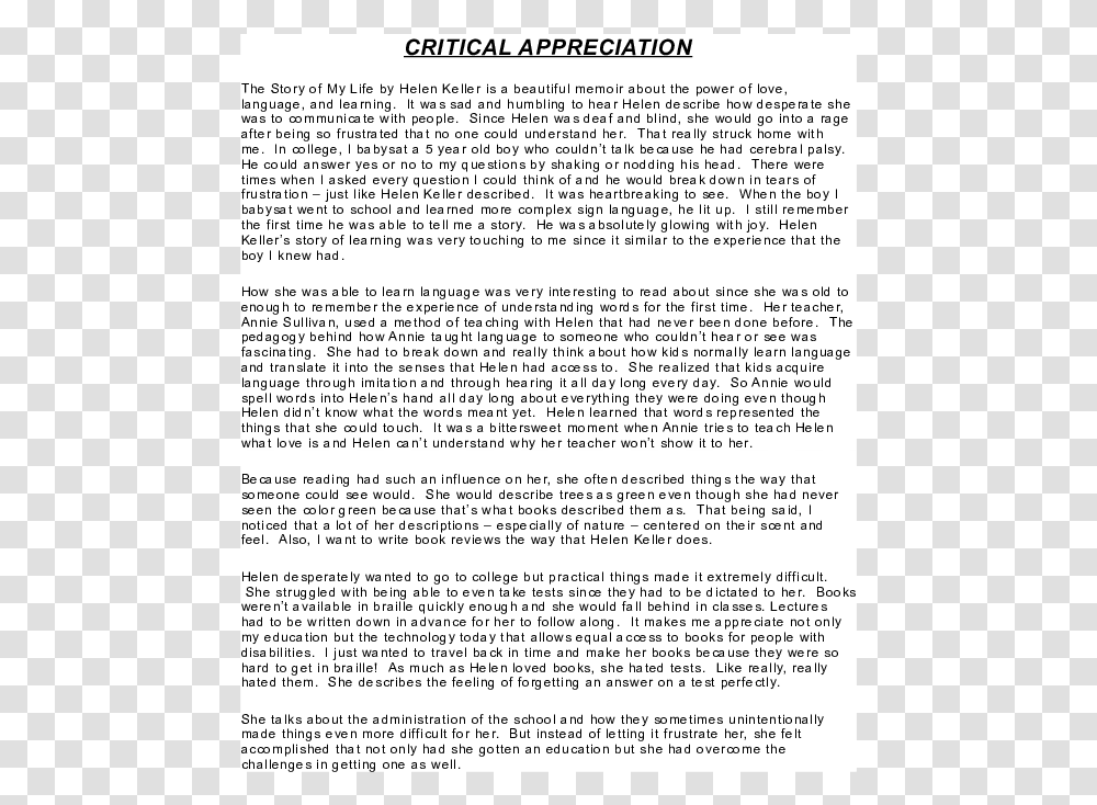 Critical Appreciation Helen Keller, Document, Letter, Page Transparent Png