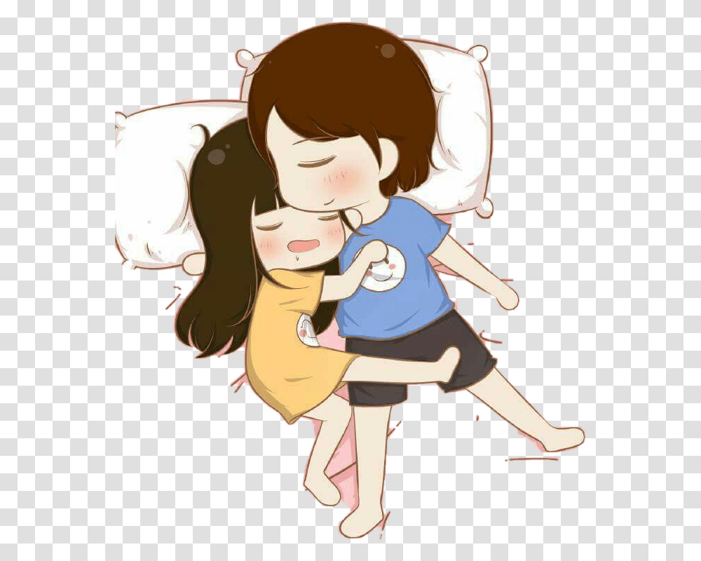 Cuddle Love Sleep Freetoedit Cuddling Sleep Together Cartoon, Person, Hug, Female, Girl Transparent Png