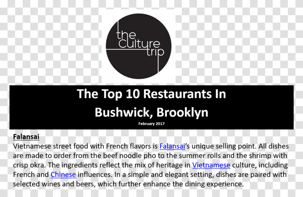 Culture Trip 10 Top Restaurants In Bushwick Brooklyn Falansai, Business Card, Apparel Transparent Png