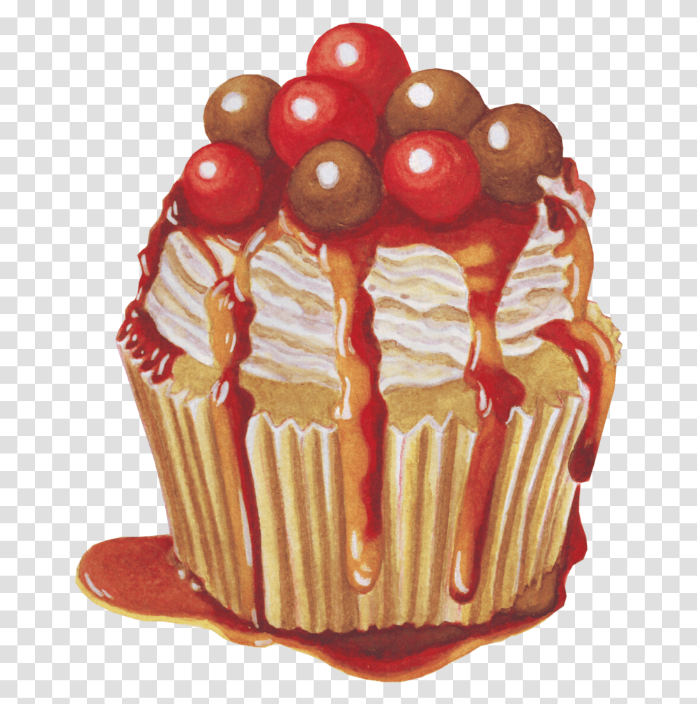 Cupcake With Caramel And Cherry Sauce Cupcake, Cream, Dessert, Food, Creme Transparent Png