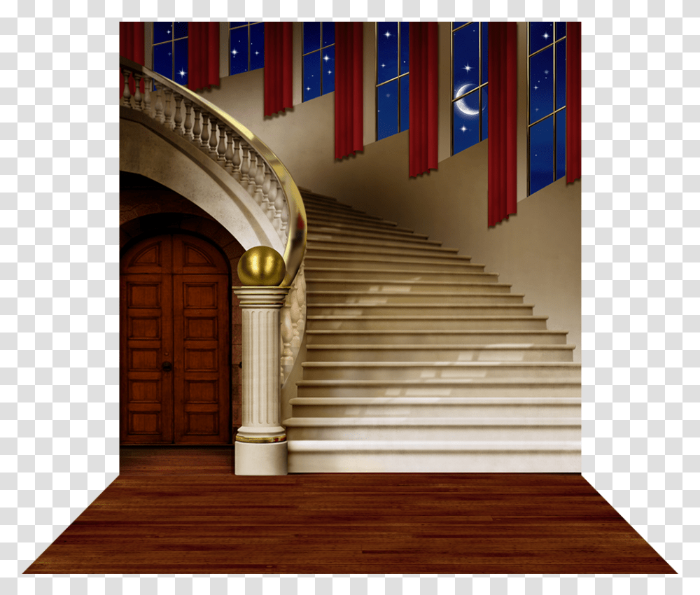 Curved Staircase With Red Curtains Backdrop Staircase, Wood, Hardwood, Flooring, Handrail Transparent Png