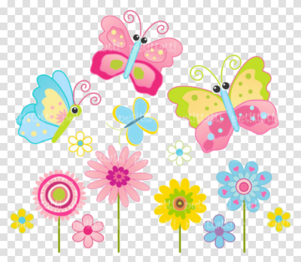 Cute Butterfly And Flower Clipart Butterflies And Flowers Clipart, Floral Design, Pattern, Rug Transparent Png