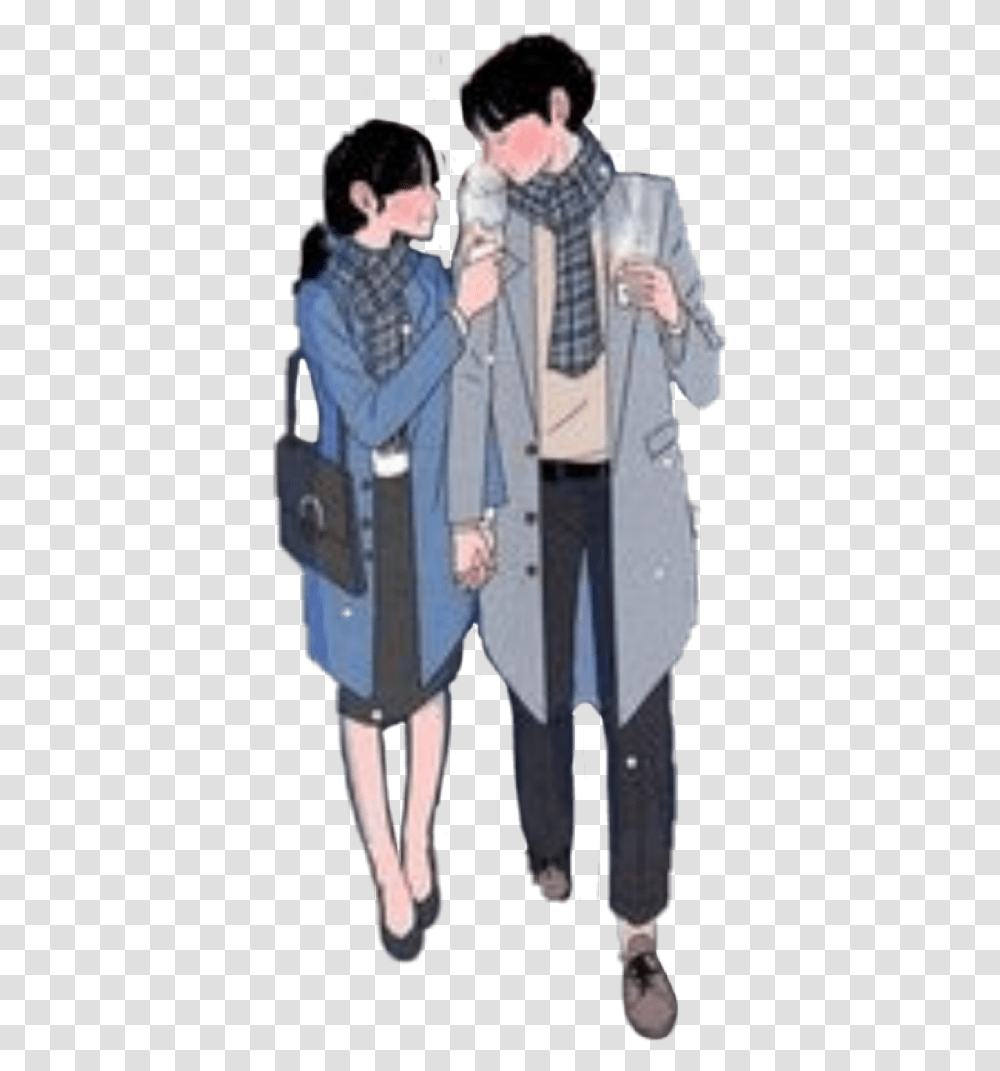 Cute Couple Asian Cartoon Anime Blue Together Holding Hands Anime Couple Walking Together, Apparel, Coat, Person Transparent Png