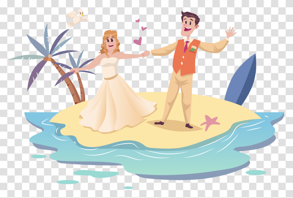 Cute Couple Wedding Couple Cartoon Beach, Person, People, Drawing Transparent Png