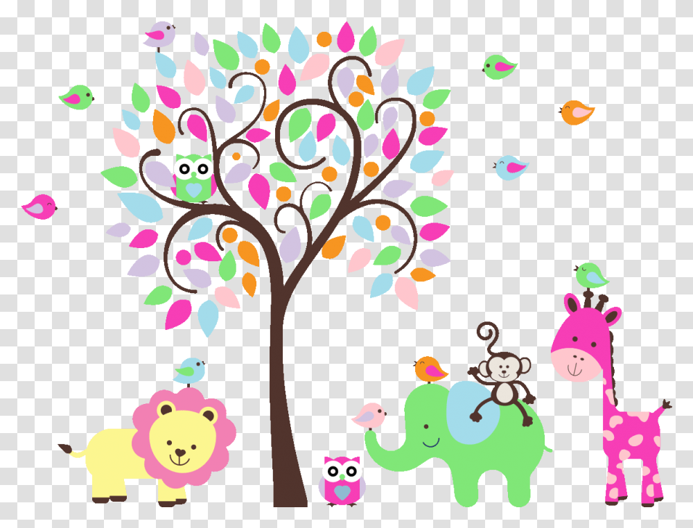 Cute Jungle Animals Wall Decal Clip Art, Graphics, Floral Design, Pattern, Modern Art Transparent Png