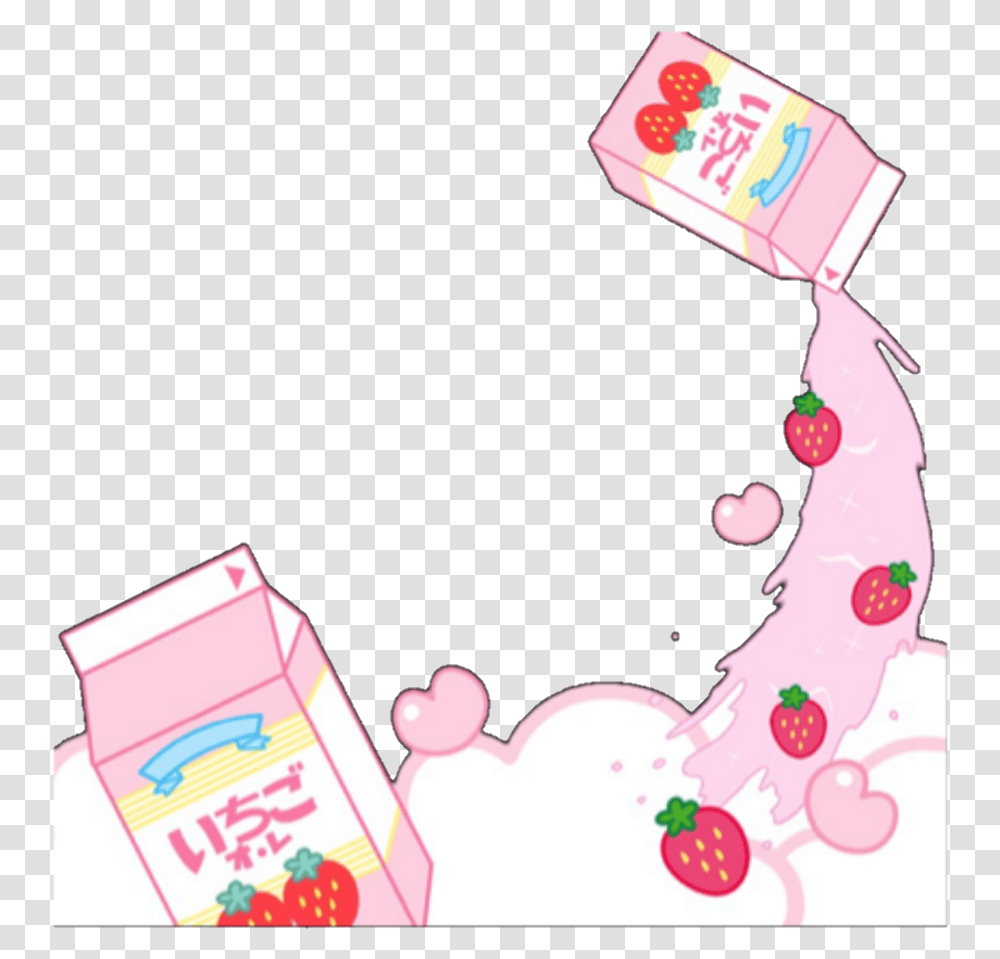 Cute Kawaii Frame Milk Strawberry Pink Kawaii Strawberry Frame, Plant, Tree Transparent Png