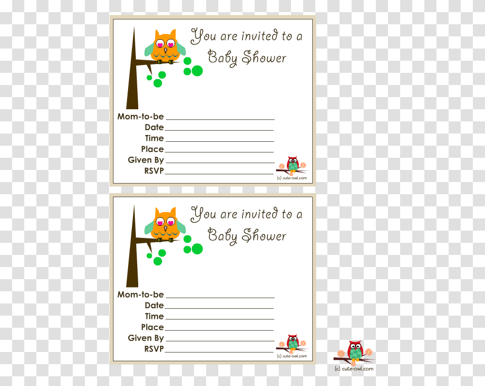 Cute Owl On A Tree Baby Shower Invitations Cartoon, Page, Envelope, Number Transparent Png