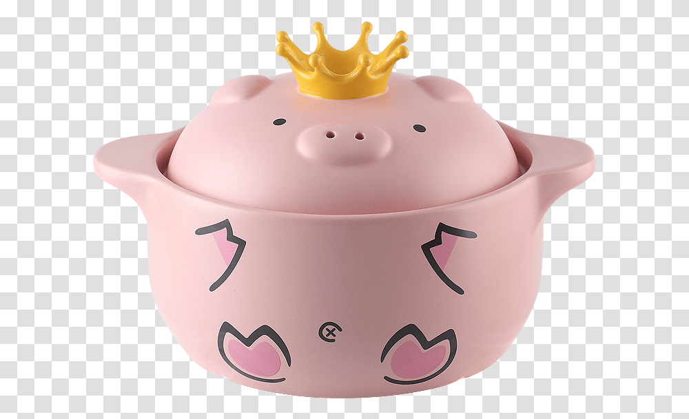 Cute Powder Pig Cartoon Casserole Stew Pot Open Fire Pig With Crown Pot, Bowl, Birthday Cake, Dessert, Food Transparent Png