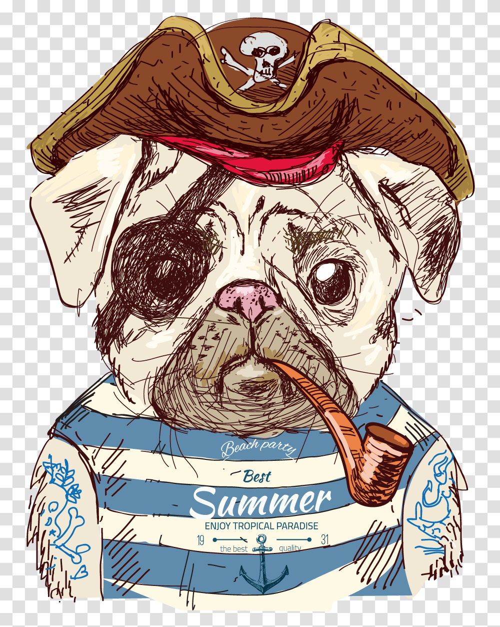 Cute Pug Dog Illustration Pirate Drawing Clipart Pirate Pug, Mammal, Animal, Label, Eating Transparent Png