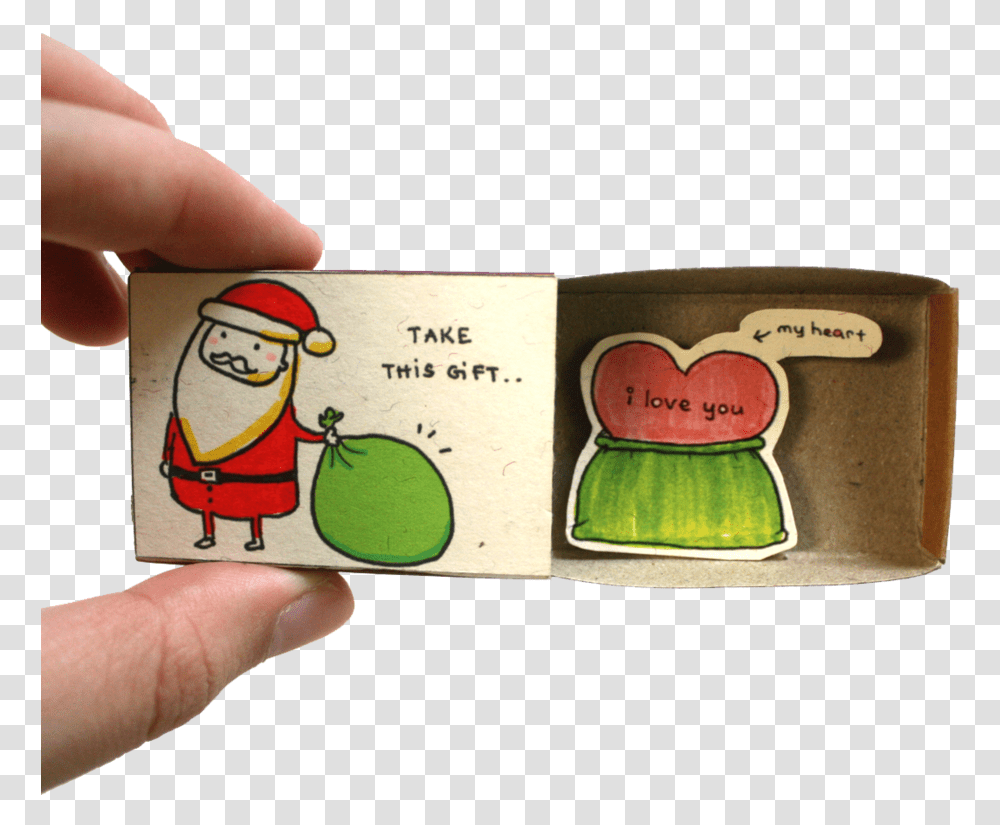 Cute Santa Claus With Sack Matchbox Card Cartoon, Person, Human, Finger Transparent Png