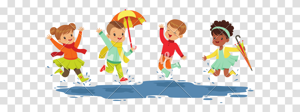 Cute Smiling Little Kids Jumping And Splashing Through Jump In The Puddles Cartoon, Person, Human, People, Sport Transparent Png