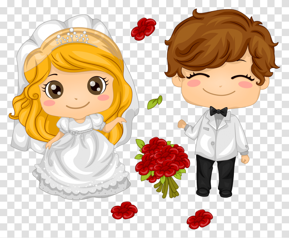 Cute Wedding Couple Cartoon, Person, Human, Petal, Flower Transparent Png