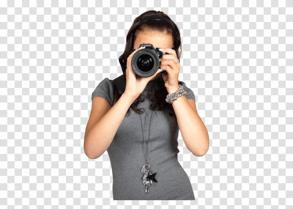 Cute Young Woman In Gray Dress With Digital Photo Camera Girl With Camera, Person, Human, Electronics, Photography Transparent Png