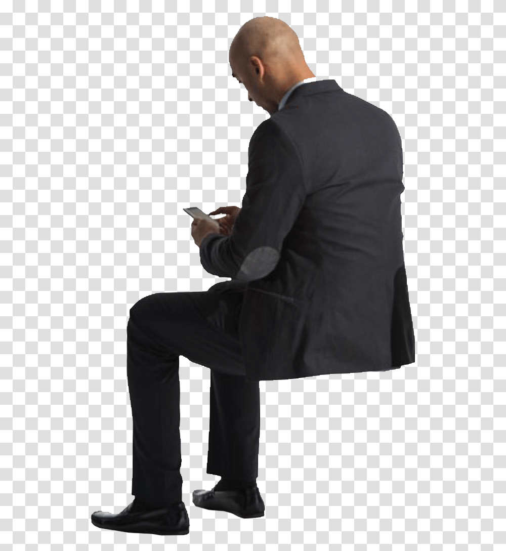 Cutout Man Sitting Phone Back People Sitting On Bench, Clothing, Person, Sleeve, Suit Transparent Png
