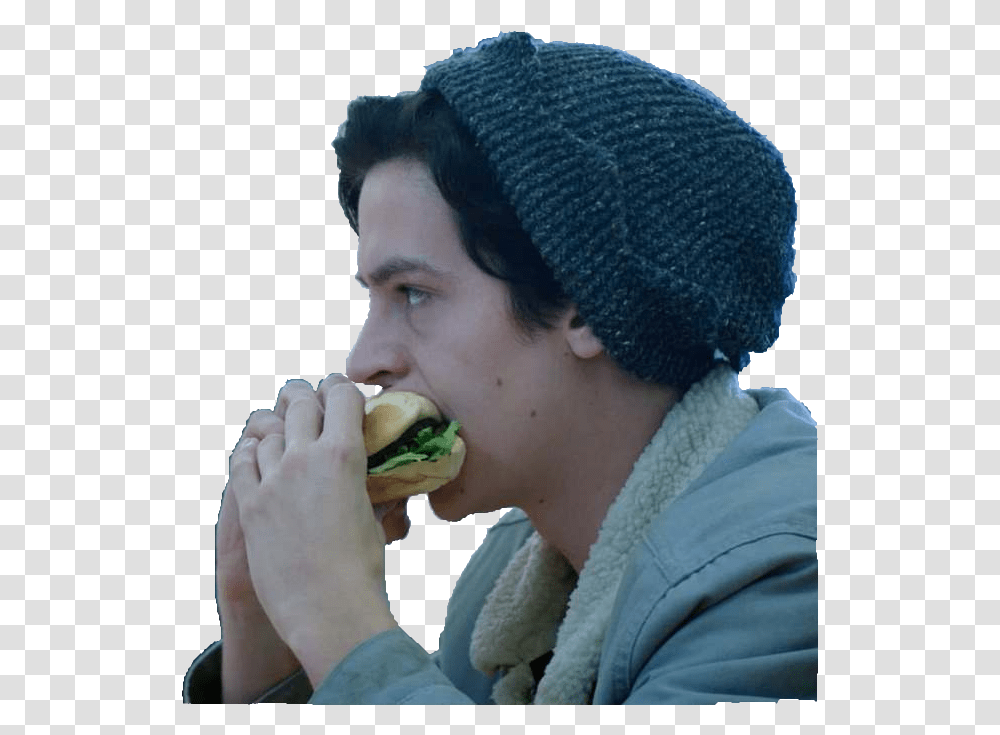 Cw Riverdale Jughead Eating A Burger Definitely Cole Sprouse Eating A Burger, Apparel, Person, Human Transparent Png