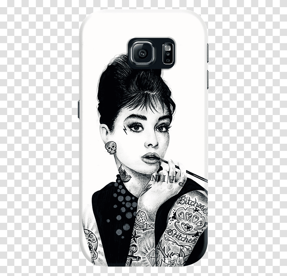 Dailyobjects Audrey Hepburn Inked Case For Samsung Tattooed Audrey Hepburn Print, Person, Human, Skin, Drawing Transparent Png