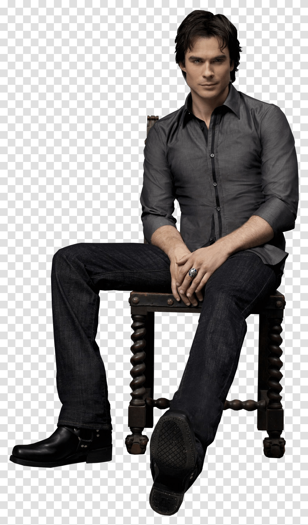 Damon Salvatore White Shirt Jeans, Sitting, Person, Footwear Transparent Png