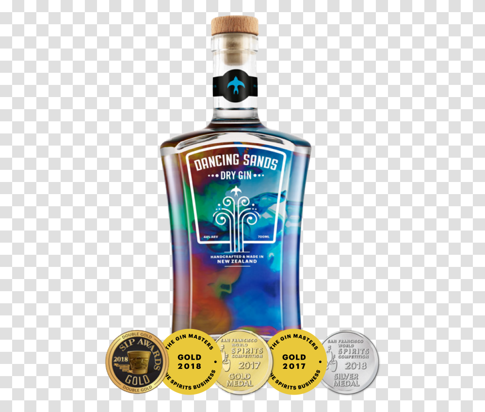 Dancing Sands Dry Gin With Medals Dancing Sands Dry Gin, Liquor, Alcohol, Beverage, Drink Transparent Png