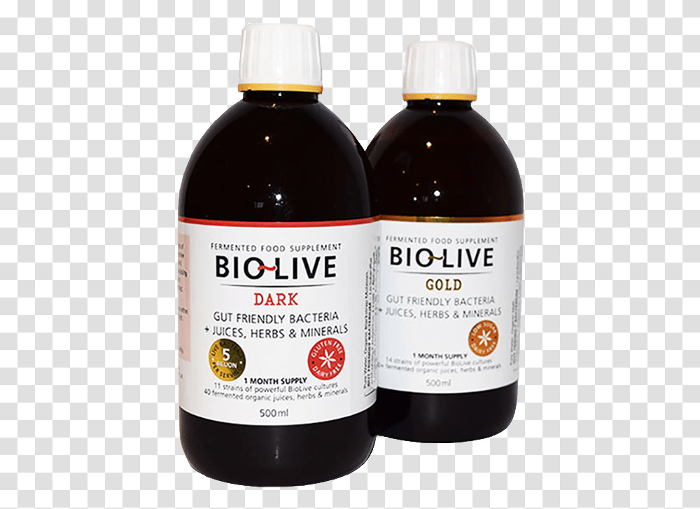 Dark Andgoldbrightenedbiggernobackgroundpng Biolive Glass Bottle, Label, Text, Syrup, Seasoning Transparent Png