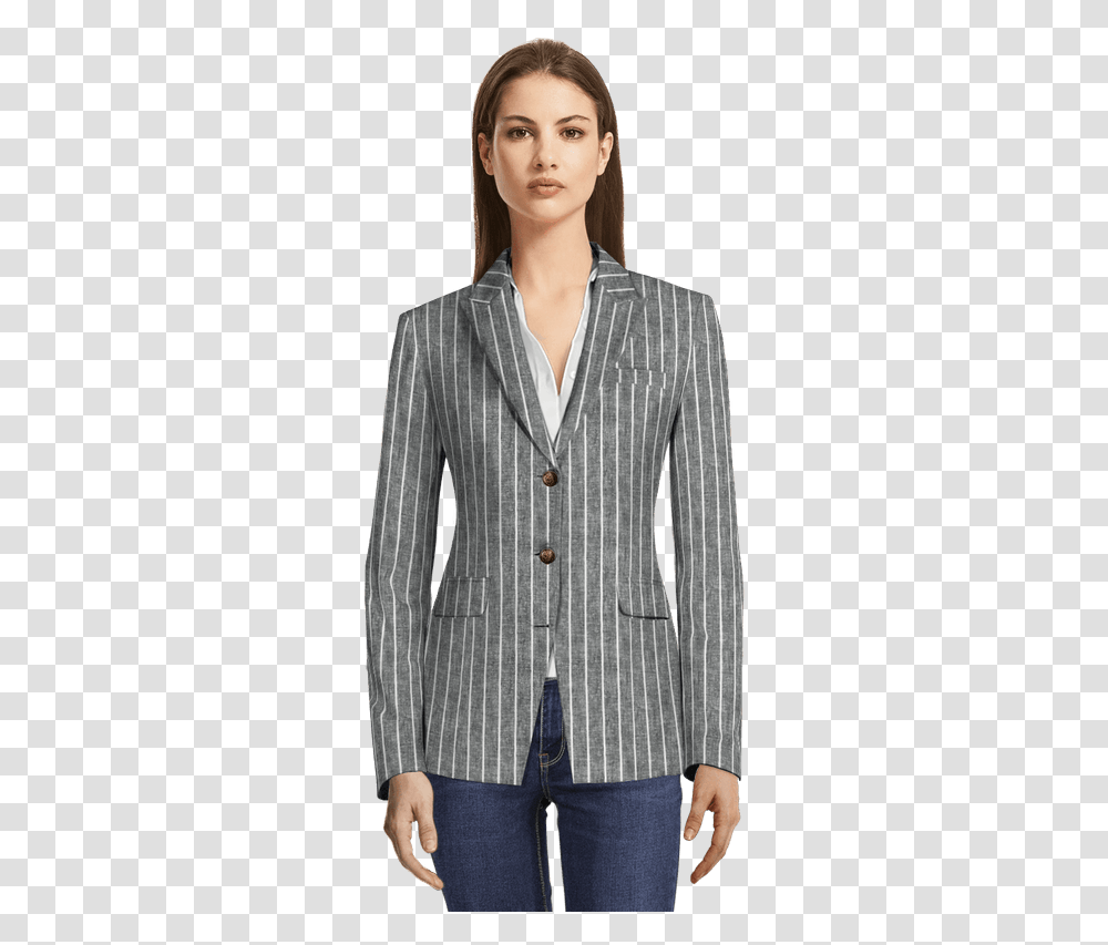 Dark Grey Striped Linen Cotton 3 Button Blazer With Blue Striped Blazer Womens, Apparel, Jacket, Coat Transparent Png