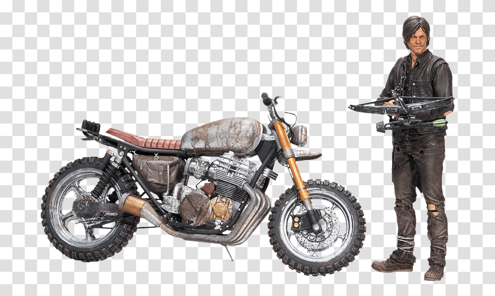 Daryl Dixon With New Bike 5 Action Figure Walking Dead Daryl Figure, Motorcycle, Vehicle, Transportation, Person Transparent Png