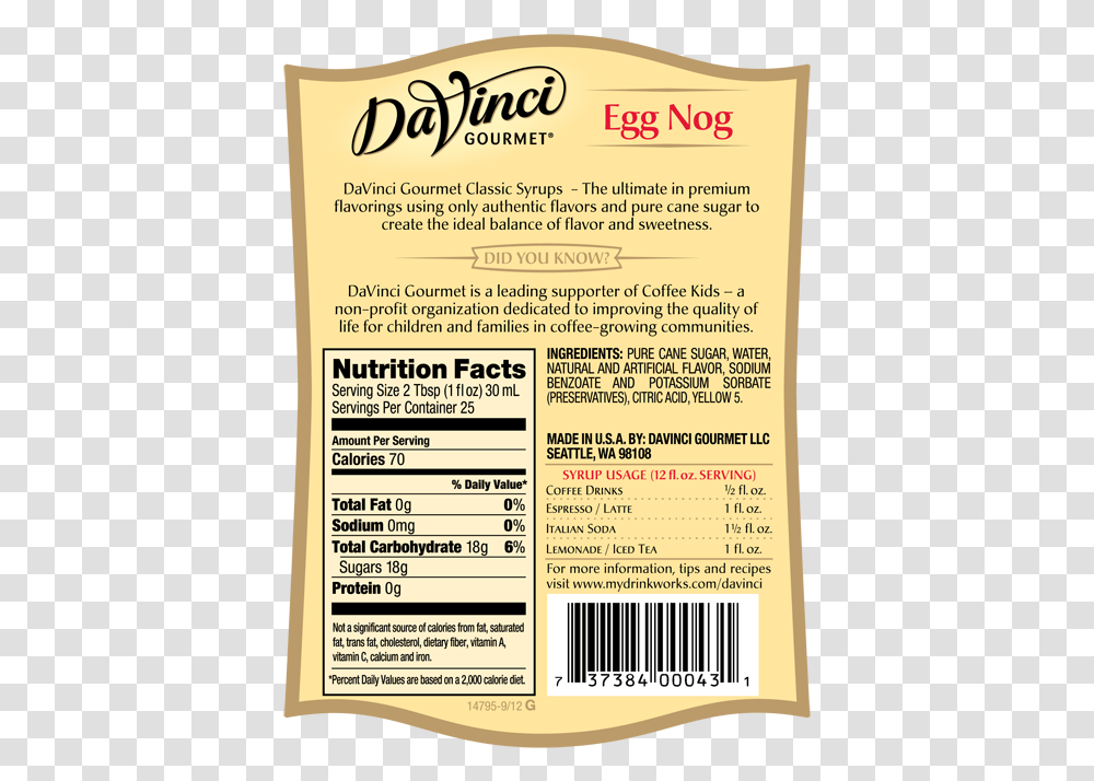 Davinci Gourmet Sugar Free Syrup Vanilla Ingredients, Advertisement, Poster, Flyer, Paper Transparent Png