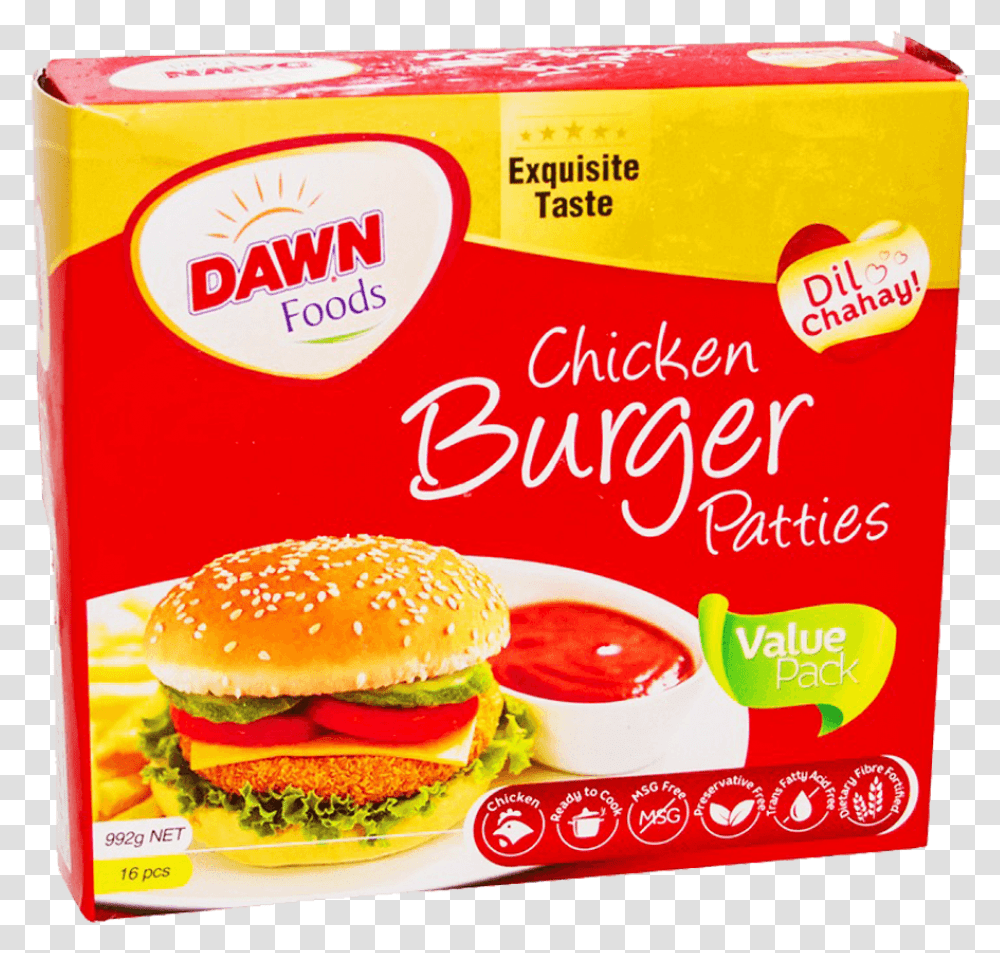 Dawn Chicken Burger Patties 16 Pcs Pack 992 Gm Burger Patty Packs, Food, Advertisement, Bun, Bread Transparent Png